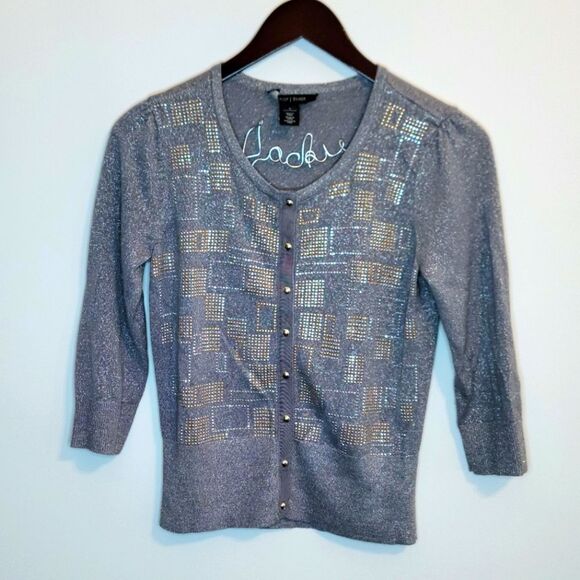 White House Black Market Gray Metallic Shimmer Embellished Cardigan Size Small - Picture 1 of 10